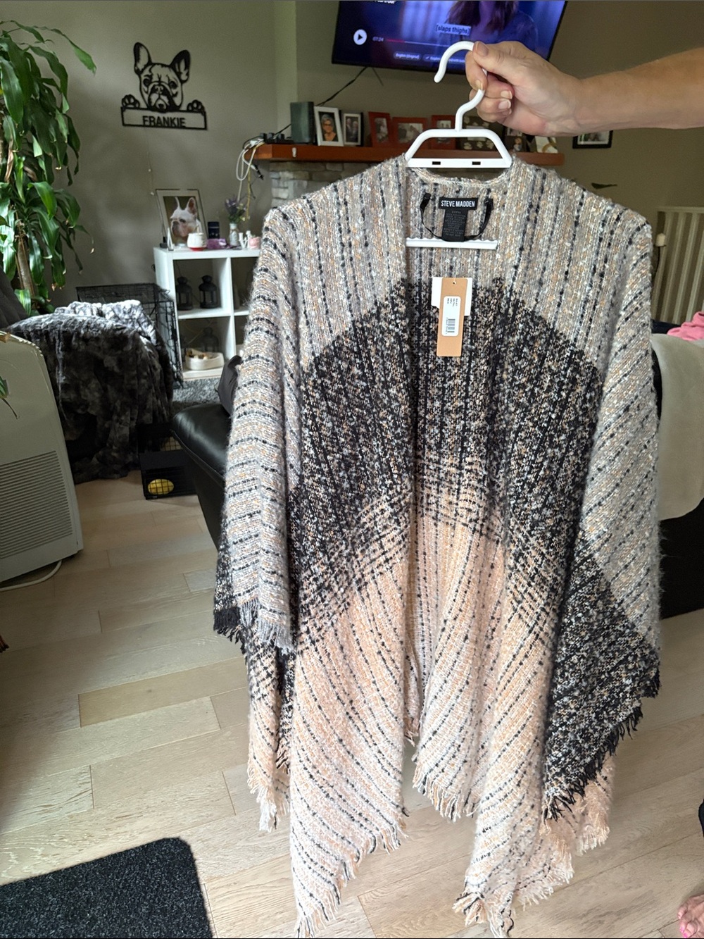 Steve Madden Neutral Beige and Black Knit Poncho with Fringe
